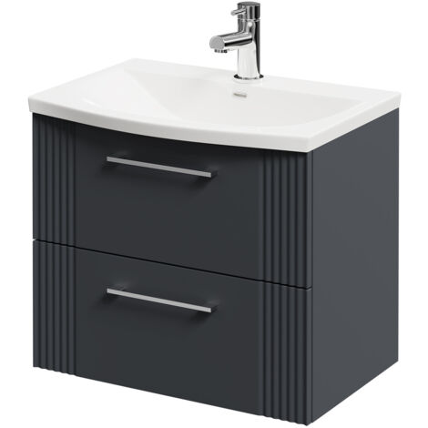Wholesale Domestic Avant Satin Anthracite 600mm Wall Mounted Vanity Unit with 1 Tap Hole Curved Basin and 2 Drawers with Polished Chrome Handles