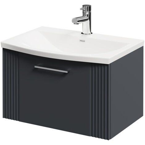 Wholesale Domestic Avant Satin Anthracite 600mm Wall Mounted Vanity Unit with 1 Tap Hole Curved Basin and Single Drawer with Polished Chrome Handle