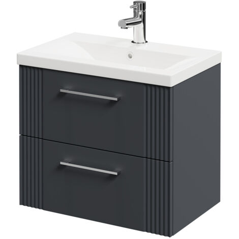 Wholesale Domestic Avant Satin Anthracite 600mm Wall Mounted Vanity Unit with 1 Tap Hole Mid Edge Basin and 2 Drawers with Polished Chrome Handles