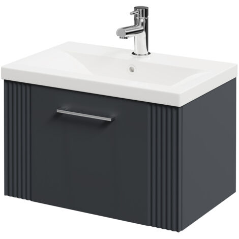 Wholesale Domestic Avant Satin Anthracite 600mm Wall Mounted Vanity Unit with 1 Tap Hole Mid Edge Basin and Single Drawer with Polished Chrome Handle
