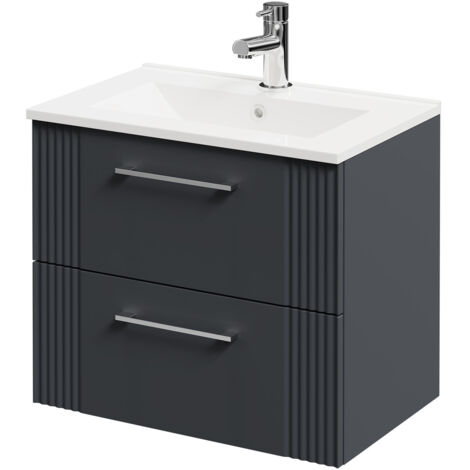 Wholesale Domestic Avant Satin Anthracite 600mm Wall Mounted Vanity Unit with 1 Tap Hole Minimalist Basin and 2 Drawers with Polished Chrome Handles