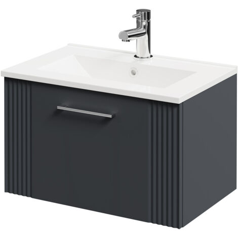 Wholesale Domestic Avant Satin Anthracite 600mm Wall Mounted Vanity Unit with 1 Tap Hole Minimalist Basin and Single Drawer with Polished Chrome Handle