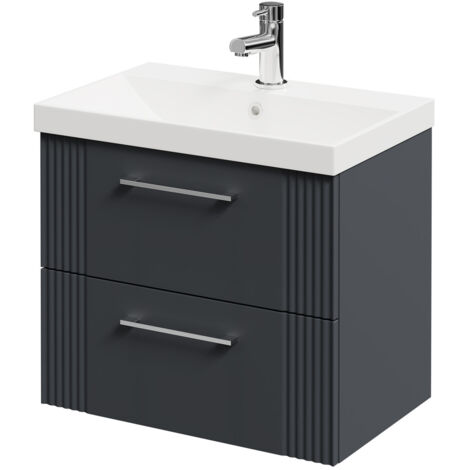 Wholesale Domestic Avant Satin Anthracite 600mm Wall Mounted Vanity Unit with 1 Tap Hole Slim Edge Basin and 2 Drawers with Polished Chrome Handles
