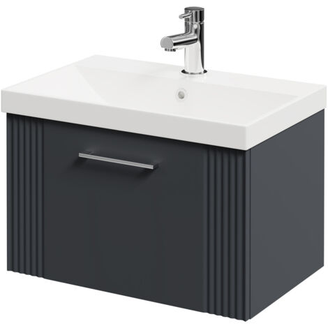 Wholesale Domestic Avant Satin Anthracite 600mm Wall Mounted Vanity Unit with 1 Tap Hole Slim Edge Basin and Single Drawer with Polished Chrome Handle