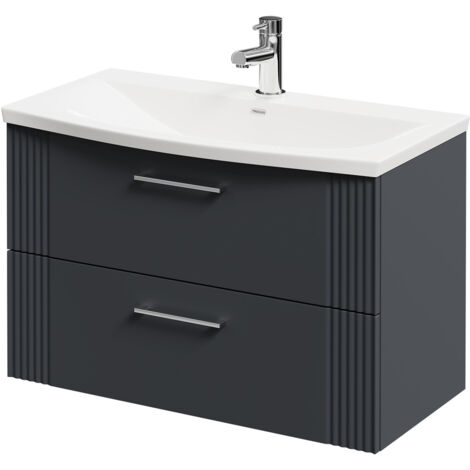 Wholesale Domestic Avant Satin Anthracite 800mm Wall Mounted Vanity Unit with 1 Tap Hole Curved Basin and 2 Drawers with Polished Chrome Handles