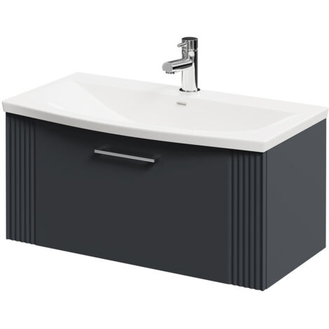 Wholesale Domestic Avant Satin Anthracite 800mm Wall Mounted Vanity Unit with 1 Tap Hole Curved Basin and Single Drawer with Polished Chrome Handle