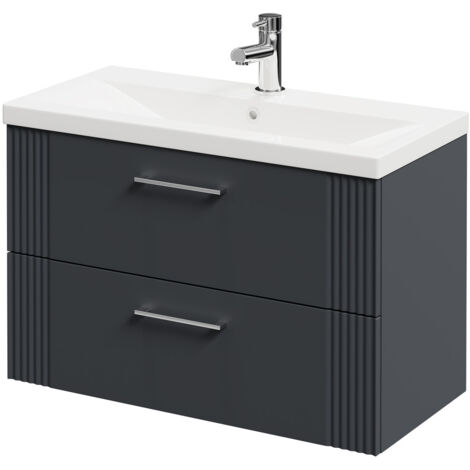 Wholesale Domestic Avant Satin Anthracite 800mm Wall Mounted Vanity Unit with 1 Tap Hole Mid Edge Basin and 2 Drawers with Polished Chrome Handles