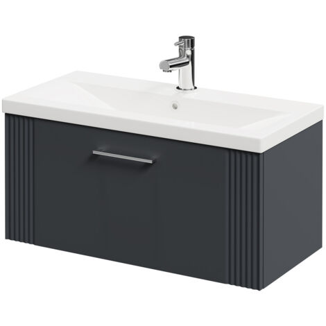 Wholesale Domestic Avant Satin Anthracite 800mm Wall Mounted Vanity Unit with 1 Tap Hole Mid Edge Basin and Single Drawer with Polished Chrome Handle