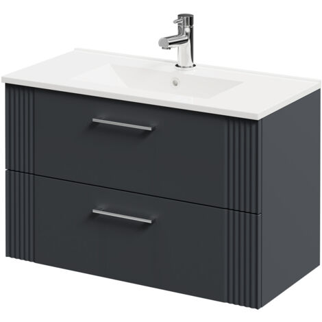 Wholesale Domestic Avant Satin Anthracite 800mm Wall Mounted Vanity Unit with 1 Tap Hole Minimalist Basin and 2 Drawers with Polished Chrome Handles