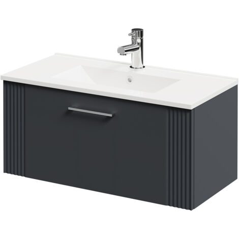 Wholesale Domestic Avant Satin Anthracite 800mm Wall Mounted Vanity Unit with 1 Tap Hole Minimalist Basin and Single Drawer with Polished Chrome Handle
