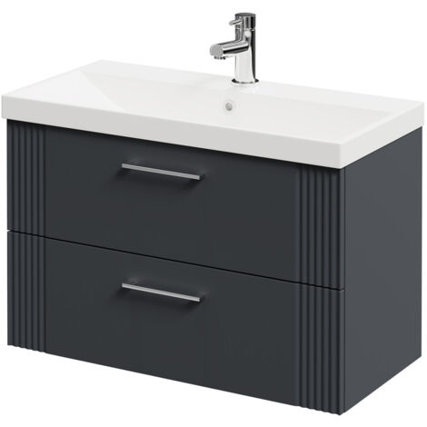 Wholesale Domestic Avant Satin Anthracite 800mm Wall Mounted Vanity Unit with 1 Tap Hole Slim Edge Basin and 2 Drawers with Polished Chrome Handles