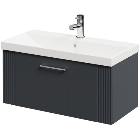 Wholesale Domestic Avant Satin Anthracite 800mm Wall Mounted Vanity Unit with 1 Tap Hole Slim Edge Basin and Single Drawer with Polished Chrome Handle