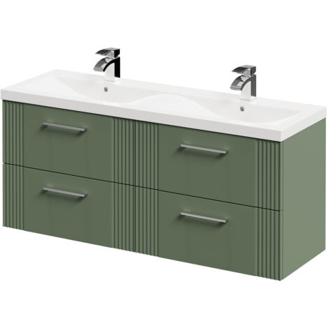 Wholesale Domestic Avant Satin Green 1200mm Wall Mounted Vanity Unit with Ceramic Double Basin and 4 Drawers with Polished Chrome Handles