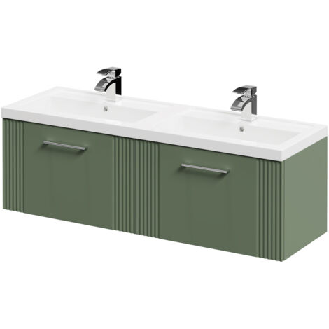Wholesale Domestic Avant Satin Green 1200mm Wall Mounted Vanity Unit with Polymarble Double Basin and 2 Drawers with Polished Chrome Handles