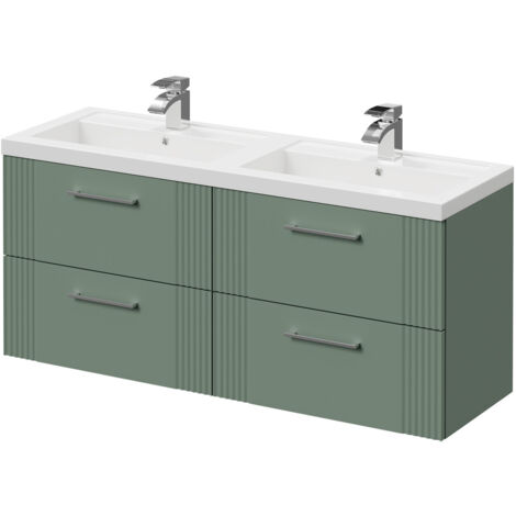 Wholesale Domestic Avant Satin Green 1200mm Wall Mounted Vanity Unit with Polymarble Double Basin and 4 Drawers with Polished Chrome Handles