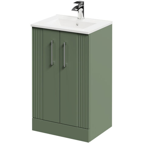 Wholesale Domestic Avant Satin Green 500mm Floor Standing Vanity Unit with 1 Tap Hole Minimalist Basin and 2 Doors with Polished Chrome Handles