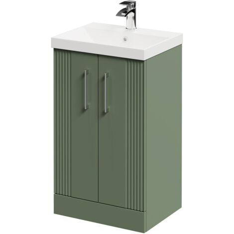 Wholesale Domestic Avant Satin Green 500mm Floor Standing Vanity Unit with 1 Tap Hole Slim Edge Basin and 2 Doors with Polished Chrome Handles