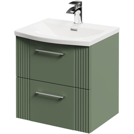 Wholesale Domestic Avant Satin Green 500mm Wall Mounted Vanity Unit with 1 Tap Hole Curved Basin and 2 Drawers with Polished Chrome Handles