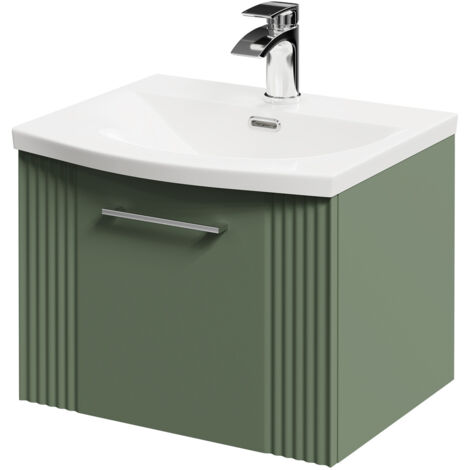 Wholesale Domestic Avant Satin Green 500mm Wall Mounted Vanity Unit with 1 Tap Hole Curved Basin and Single Drawer with Polished Chrome Handle