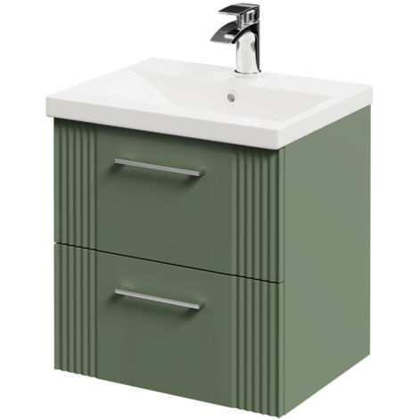 Wholesale Domestic Avant Satin Green 500mm Wall Mounted Vanity Unit with 1 Tap Hole Mid Edge Basin and 2 Drawers with Polished Chrome Handles