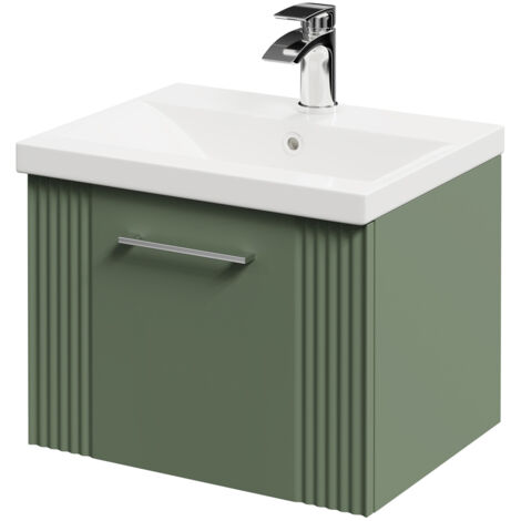 Wholesale Domestic Avant Satin Green 500mm Wall Mounted Vanity Unit with 1 Tap Hole Mid Edge Basin and Single Drawer with Polished Chrome Handle