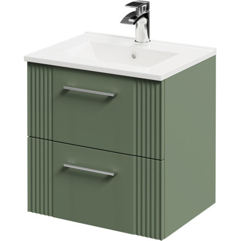 Wholesale Domestic Avant Satin Green 500mm Wall Mounted Vanity Unit with 1 Tap Hole Minimalist Basin and 2 Drawers with Polished Chrome Handles