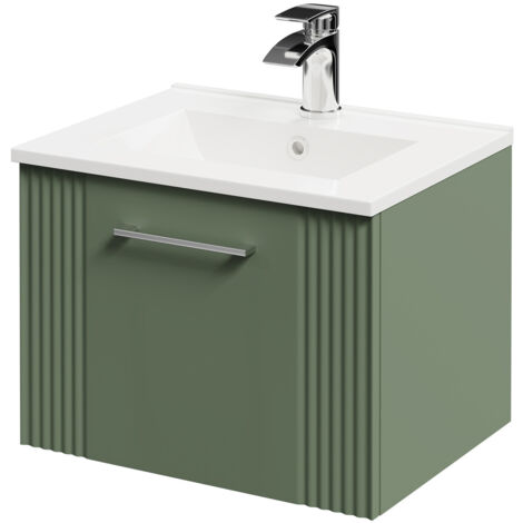 Wholesale Domestic Avant Satin Green 500mm Wall Mounted Vanity Unit with 1 Tap Hole Minimalist Basin and Single Drawer with Polished Chrome Handle