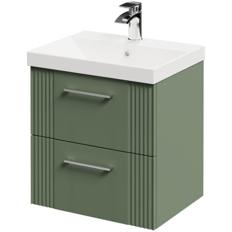 Wholesale Domestic Avant Satin Green 500mm Wall Mounted Vanity Unit with 1 Tap Hole Slim Edge Basin and 2 Drawers with Polished Chrome Handles