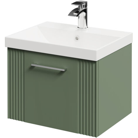 Wholesale Domestic Avant Satin Green 500mm Wall Mounted Vanity Unit with 1 Tap Hole Slim Edge Basin and Single Drawer with Polished Chrome Handle