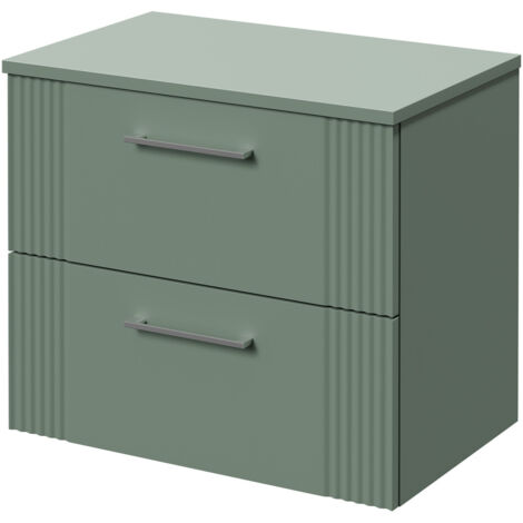 Wholesale Domestic Avant Satin Green 600mm Wall Mounted Vanity Unit for Countertop Basins with 2 Drawers and Polished Chrome Handles