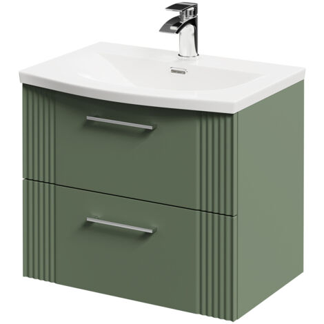 Wholesale Domestic Avant Satin Green 600mm Wall Mounted Vanity Unit with 1 Tap Hole Curved Basin and 2 Drawers with Polished Chrome Handles