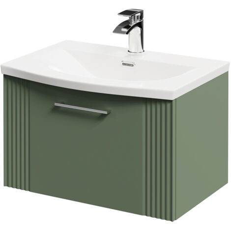 Wholesale Domestic Avant Satin Green 600mm Wall Mounted Vanity Unit with 1 Tap Hole Curved Basin and Single Drawer with Polished Chrome Handle