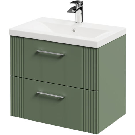 Wholesale Domestic Avant Satin Green 600mm Wall Mounted Vanity Unit with 1 Tap Hole Mid Edge Basin and 2 Drawers with Polished Chrome Handles