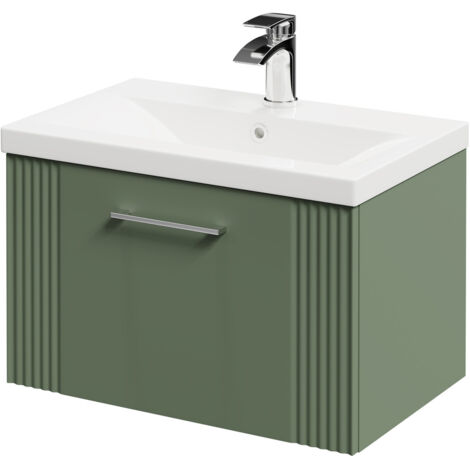 Wholesale Domestic Avant Satin Green 600mm Wall Mounted Vanity Unit with 1 Tap Hole Mid Edge Basin and Single Drawer with Polished Chrome Handle