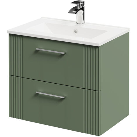 Wholesale Domestic Avant Satin Green 600mm Wall Mounted Vanity Unit with 1 Tap Hole Minimalist Basin and 2 Drawers with Polished Chrome Handles