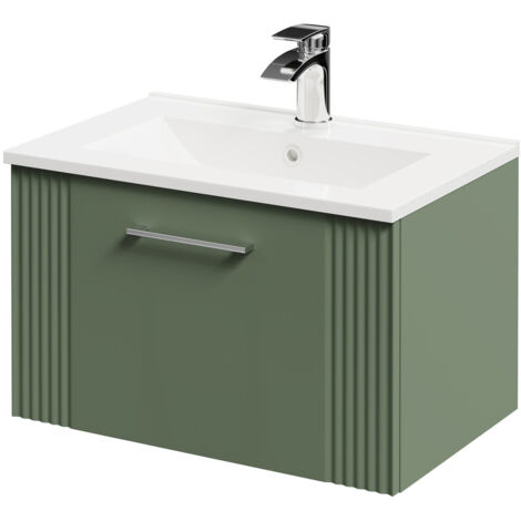 Wholesale Domestic Avant Satin Green 600mm Wall Mounted Vanity Unit with 1 Tap Hole Minimalist Basin and Single Drawer with Polished Chrome Handle