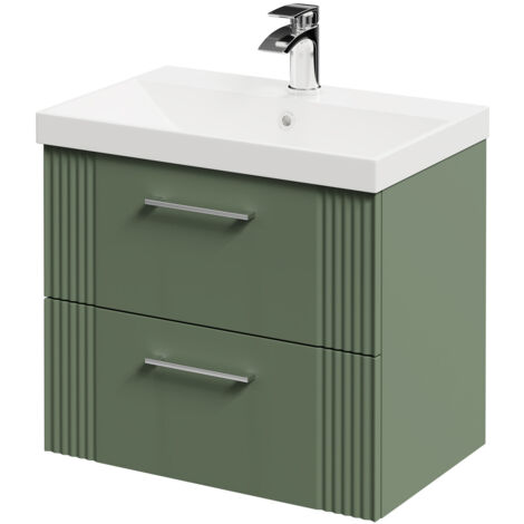Wholesale Domestic Avant Satin Green 600mm Wall Mounted Vanity Unit with 1 Tap Hole Slim Edge Basin and 2 Drawers with Polished Chrome Handles