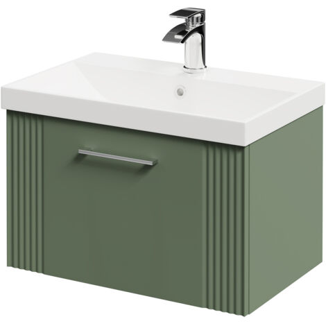 Wholesale Domestic Avant Satin Green 600mm Wall Mounted Vanity Unit with 1 Tap Hole Slim Edge Basin and Single Drawer with Polished Chrome Handle