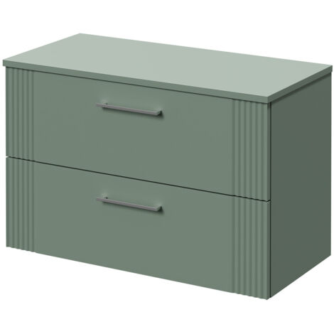 Wholesale Domestic Avant Satin Green 800mm Wall Mounted Vanity Unit for Countertop Basins with 2 Drawers and Polished Chrome Handles