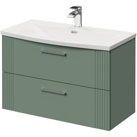 Wholesale Domestic Avant Satin Green 800mm Wall Mounted Vanity Unit with 1 Tap Hole Curved Basin and 2 Drawers with Polished Chrome Handles