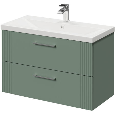 Wholesale Domestic Avant Satin Green 800mm Wall Mounted Vanity Unit with 1 Tap Hole Mid Edge Basin and 2 Drawers with Polished Chrome Handles