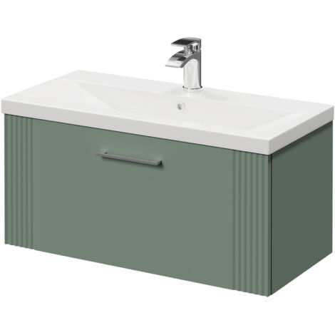Wholesale Domestic Avant Satin Green 800mm Wall Mounted Vanity Unit with 1 Tap Hole Mid Edge Basin and Single Drawer with Polished Chrome Handle