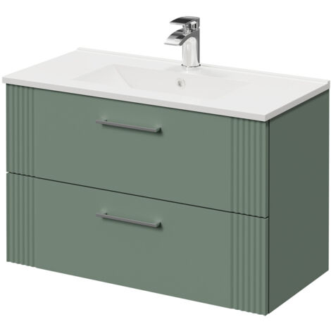Wholesale Domestic Avant Satin Green 800mm Wall Mounted Vanity Unit with 1 Tap Hole Minimalist Basin and 2 Drawers with Polished Chrome Handles