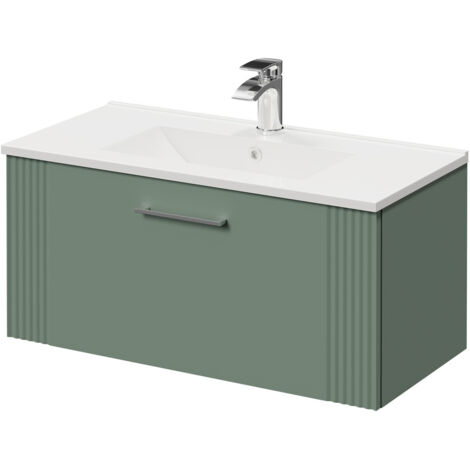 Wholesale Domestic Avant Satin Green 800mm Wall Mounted Vanity Unit with 1 Tap Hole Minimalist Basin and Single Drawer with Polished Chrome Handle