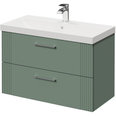 Wholesale Domestic Avant Satin Green 800mm Wall Mounted Vanity Unit with 1 Tap Hole Slim Edge Basin and 2 Drawers with Polished Chrome Handles