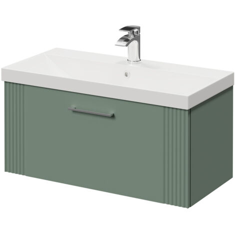 Wholesale Domestic Avant Satin Green 800mm Wall Mounted Vanity Unit with 1 Tap Hole Slim Edge Basin and Single Drawer with Polished Chrome Handle