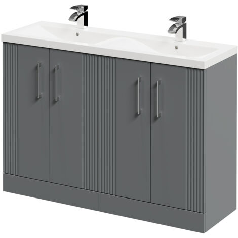 Wholesale Domestic Avant Satin Grey 1200mm Floor Standing Vanity Unit with Ceramic Double Basin and 4 Doors with Polished Chrome Handles