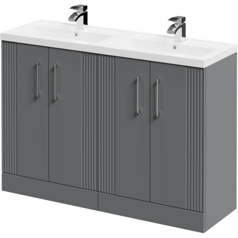 Wholesale Domestic Avant Satin Grey 1200mm Floor Standing Vanity Unit with Polymarble Double Basin and 4 Doors with Polished Chrome Handles