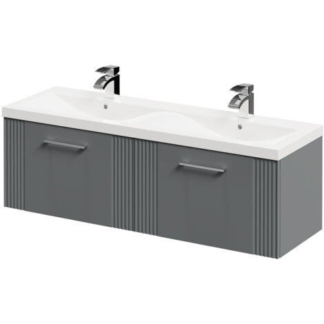Wholesale Domestic Avant Satin Grey 1200mm Wall Mounted Vanity Unit with Ceramic Double Basin and 2 Drawers with Polished Chrome Handles