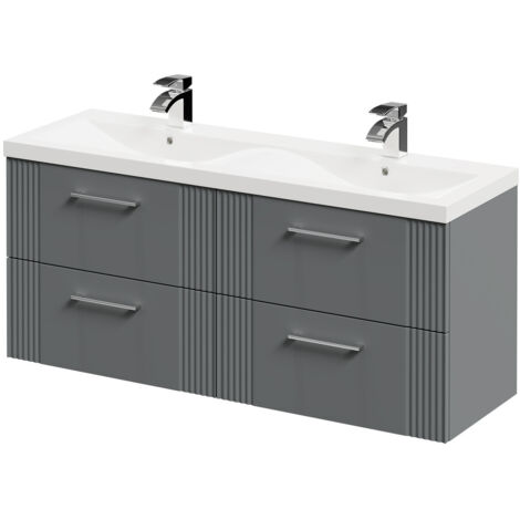 Wholesale Domestic Avant Satin Grey 1200mm Wall Mounted Vanity Unit with Ceramic Double Basin and 4 Drawers with Polished Chrome Handles